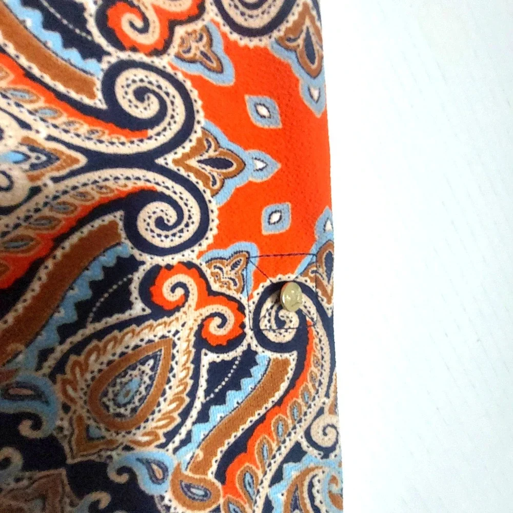 Chaus NY Womens Large Paisley Popover Blouse 3/4 Roll Tab Sleeves V Neck